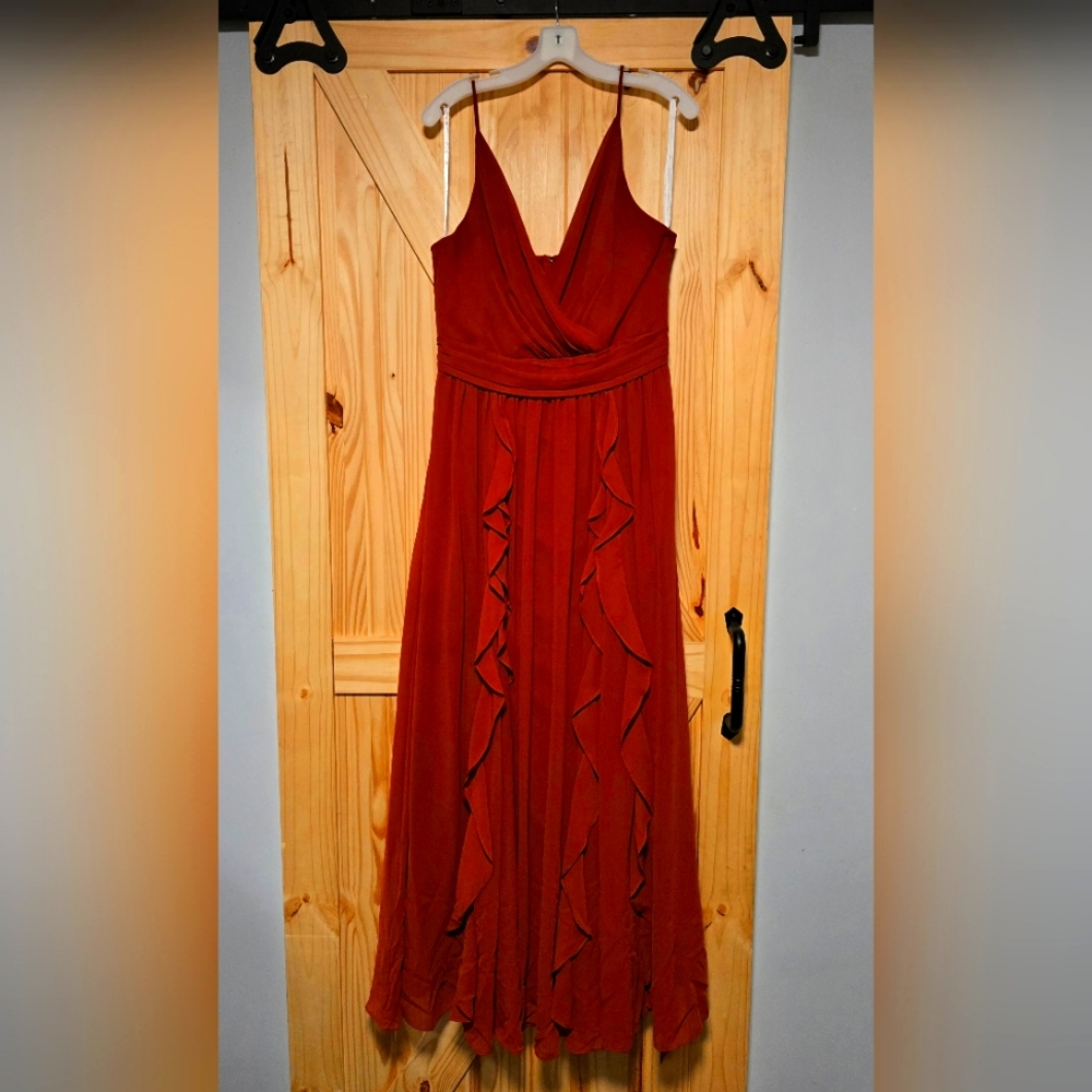 David's Bridal Rust Red Maxi Dress with Ruffle Front